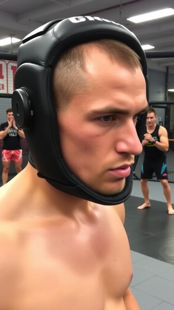 MMA athlete training with headgear to prevent cauliflower ear.